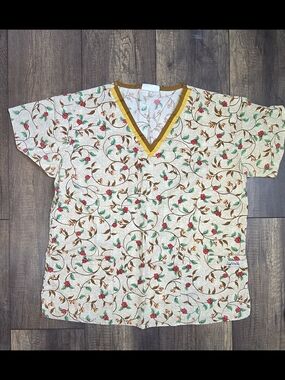 Cream Floral V-Neck Tunic with Mustard Trim